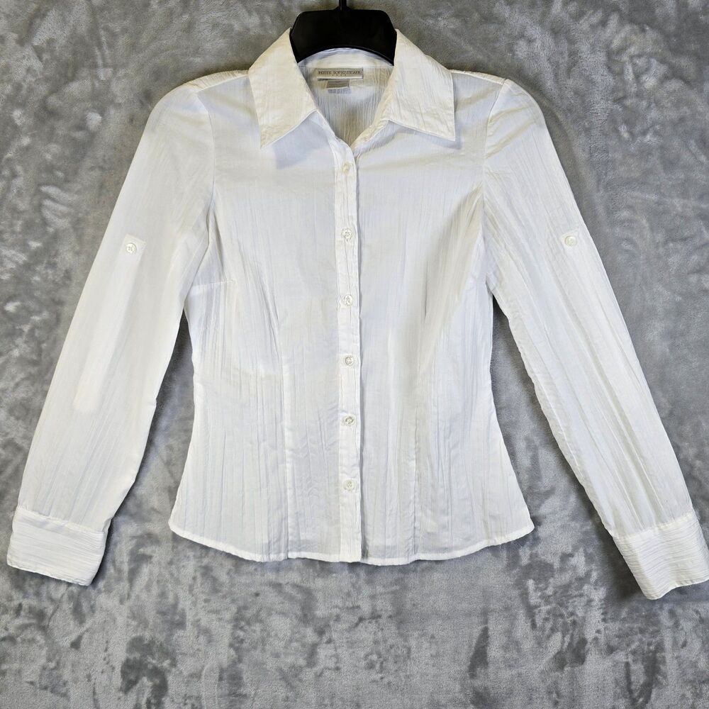 Petite Sophisticate Button Down Blouse 2P White Roll Tab Sleeve Textured